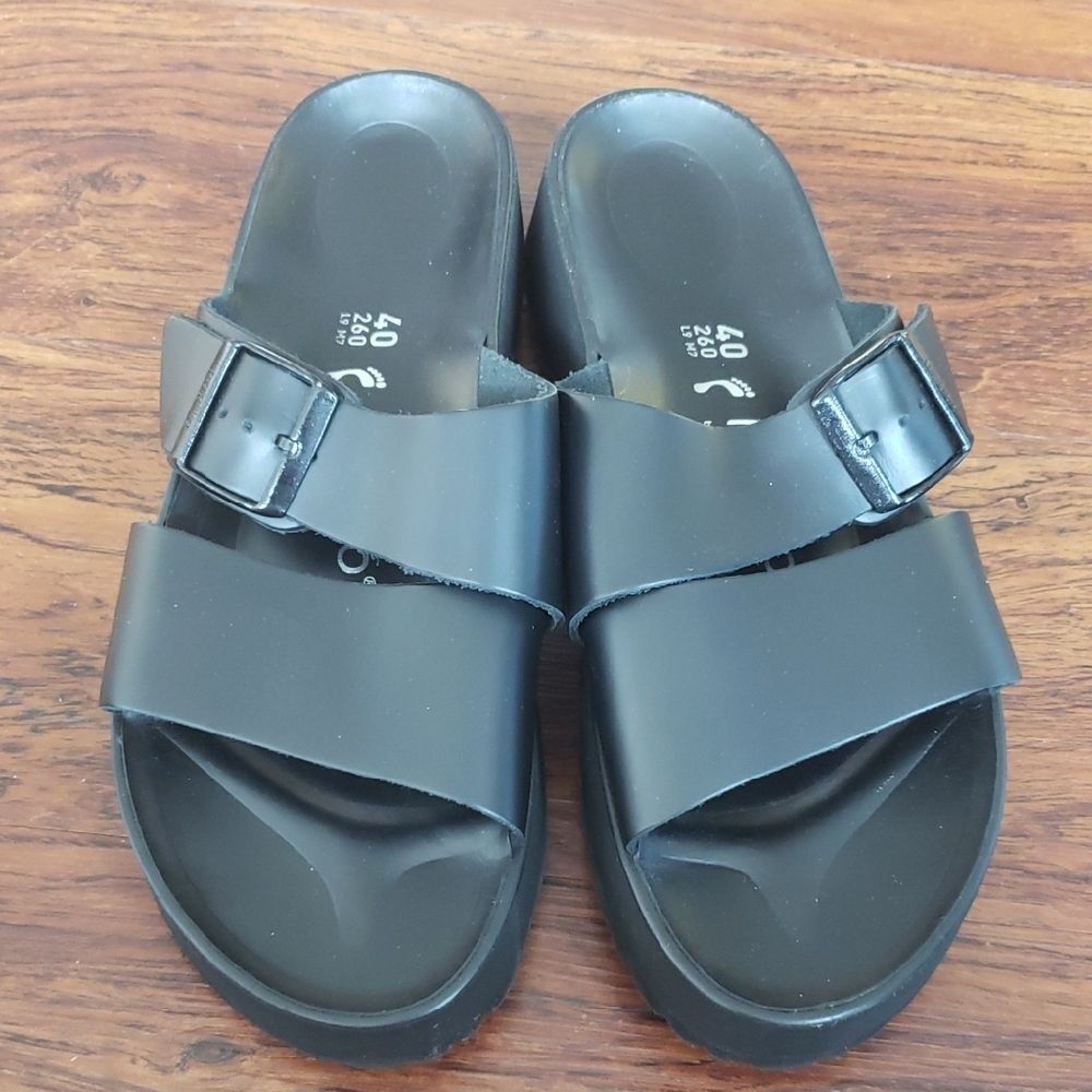 Birkenstock Papillio Black Leather Platform Slide Sandals with Buckle Size 40